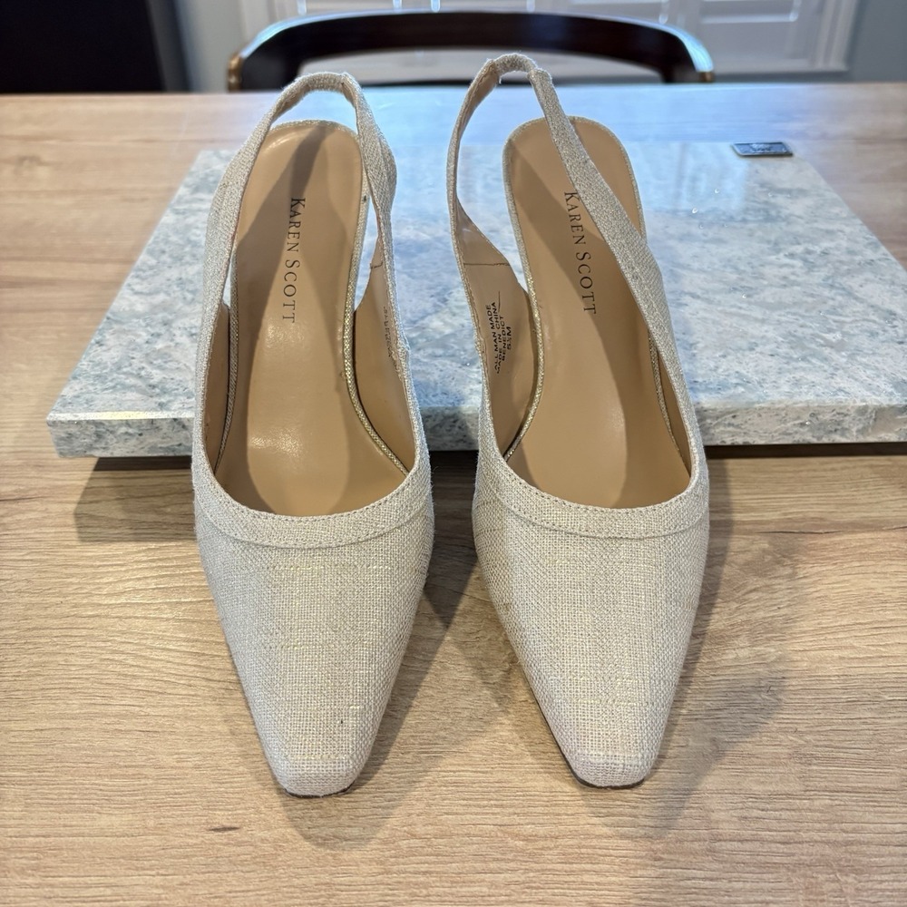Karen Scott womens  Linen Cream/Gold Pointed Slingback Kitten‎ Pump  5.5M